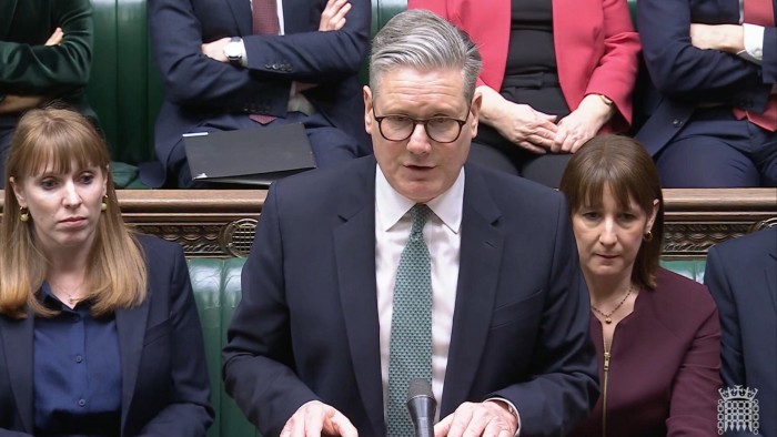 UK Prime Minister Keir Starmer, centre, standing up to speak in the Houses of Commons in London, England on February 25 2025