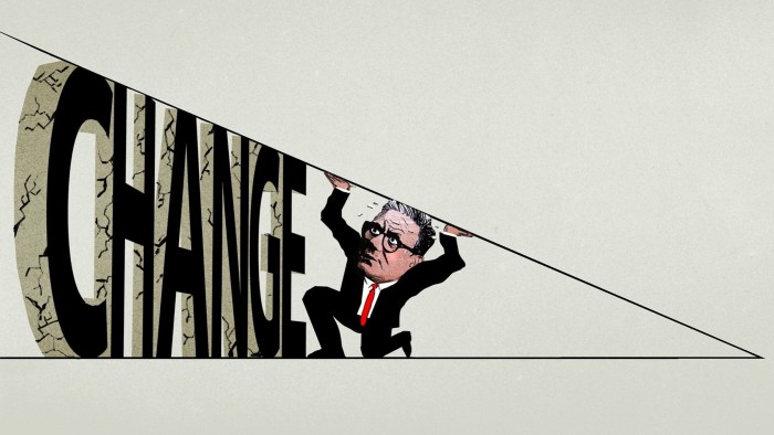 Ellie Foreman-Peck illustration of Keir Starmer trying to prop up walls closing in on the word change