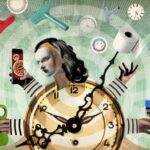 Illustration of an old fashioned clock face with a woman’s face wearing a mask sticking out one side and four arms sticking out around the clock face, each one holding something different - a mobile phone, paintbrush, toilet roll and key to wind a clock