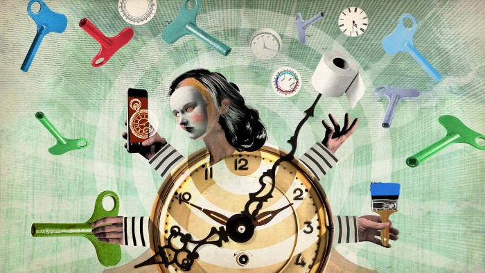 Illustration of an old fashioned clock face with a woman’s face wearing a mask sticking out one side and four arms sticking out around the clock face, each one holding something different - a mobile phone, paintbrush, toilet roll and key to wind a clock