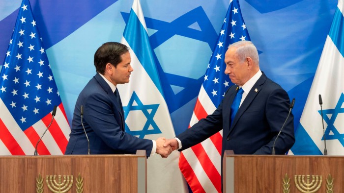 US secretary of state Marco Rubio, left, and Israeli Prime Minister Benjamin Netanyahu shake hands during a news conference at the prime minister’s office in Jerusalem, Israel on Sunday