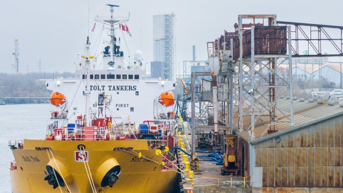 A cargo ship stationed in the water channel at the Port of Houston Authority on February 10 2025