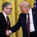 U.S. President Donald Trump and British Prime Minister Keir Starmer shake hands at a press conference at the White House in Washington