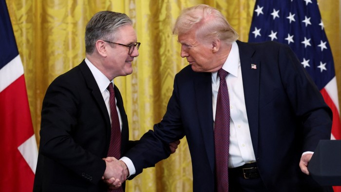 U.S. President Donald Trump and British Prime Minister Keir Starmer shake hands at a press conference at the White House in Washington