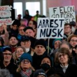 People demonstrate against Elon Musk and his department’s officials outside the US Treasury building in Washington