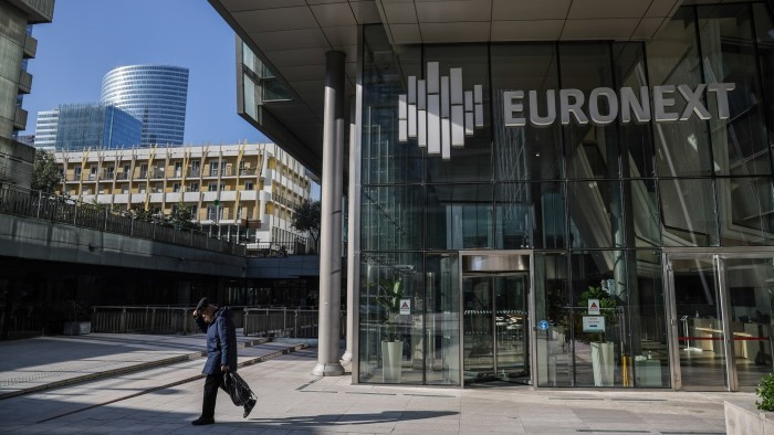 Outside the Euronext stock exchange headquarters in Paris, France