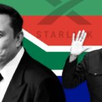 A montage featuring Elon Musk on the left and South Africa’s trade minister Parks Tau on the right, with the South African flag and a faded Starlink logo in the background