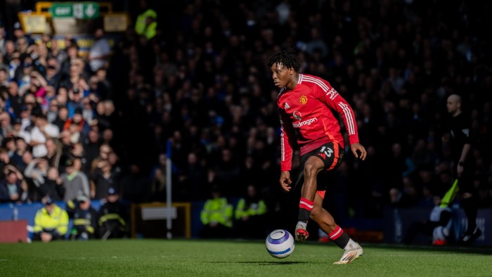 Manchester United’s Patrick Dorgu at a match between his team and Everton FC at Goodison Park, Liverpool on February 22 2025