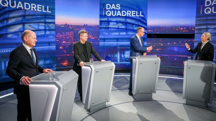 (L-R) Social Democratic chancellor Olaf Scholz, Green party candidate Robert Habeck, Christian Democratic party leader Friedrich Merz and Alice Weidel of the AfD