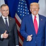 Poland’s President Andrzej Duda, left, and Donald Trump give thumbs-up gestures at the CPAC gathering in Maryland on Saturday