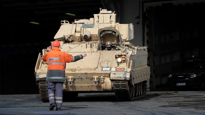 BAE System’s Bradley tank leaving a vehicle carrier