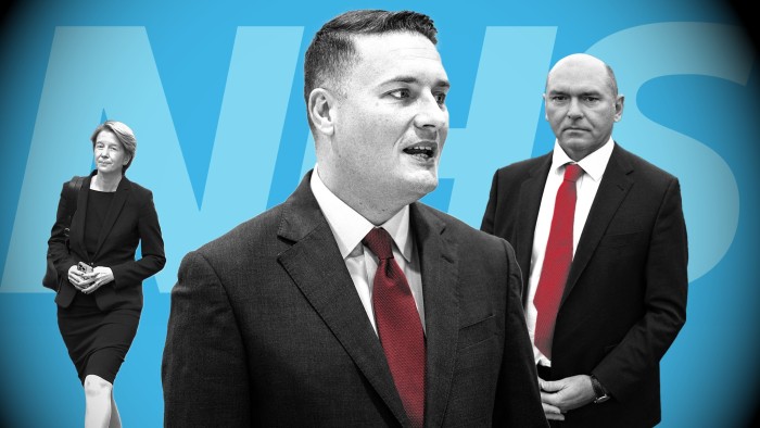 Montage shows Amanda Pritchard, Wes Streeting and Sir James Mackey against an NHS logo background