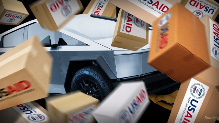 James Ferguson illustration of a Tesla truck smashing through USAID boxes