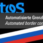 A montage of the Atos logo, the colours of the French flag and a border control sign