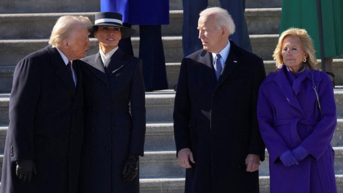 Trump, First Lady Melania Trump, Joe Biden and Jill Biden after the swearing-in ceremony on January 20,