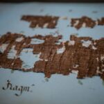 A Herculaneum papyrus fragment at the National Library of Naples.