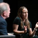 Anne Wojcicki (R), founder and CEO of 23andMe, and Marcus Wallenberg speak at an event during Prince Daniel's Fellowship entrepreneurial journey on March 14, 2022 in San Francisco, California.