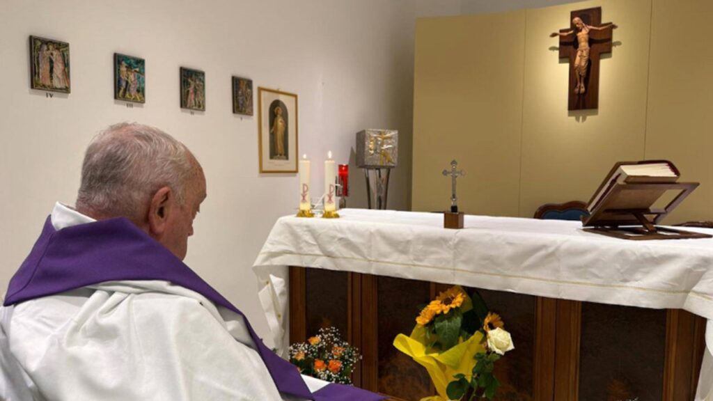 Pope Francis observes Mass in new Vatican photo from Gemelli Hospital