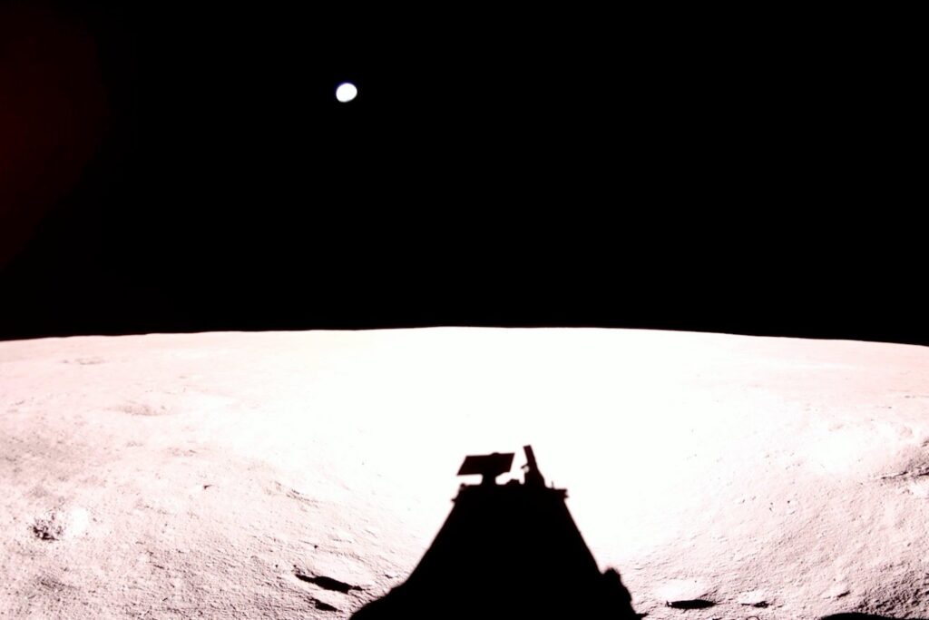 Blue Ghost captured its shadow on the lunar surface with the deployed X-band antenna (left) and LEXI payload (right) on the top deck.