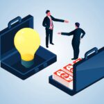 Isometric businessman selling ideas to client standing near suitcase full of banknotes, businessman trying to convince client to buy his creative light bulb, creativity and marketing.