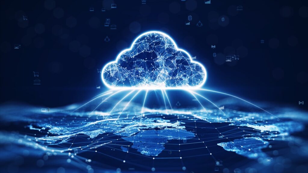 data transfer cloud computing technology concept. There is a large prominent cloud icon in the center with internal connections. and small icon on abstract world map polygon with dark blue background.