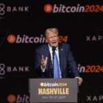 Donald Trump stands in front of a podium and speaks at a Bitcoin conference