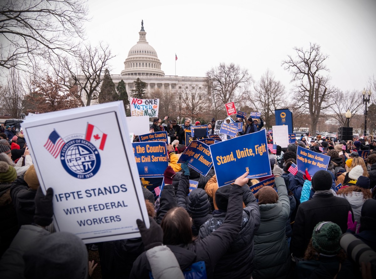 Protesters gather at a rally organized by the American Federation of Government Employees against the so-called Department of Government Efficiency (DOGE) purges and resignation offers made to the federal civilian workforce outside the US Capitol in Washington, DC, on February 11, 2025. (