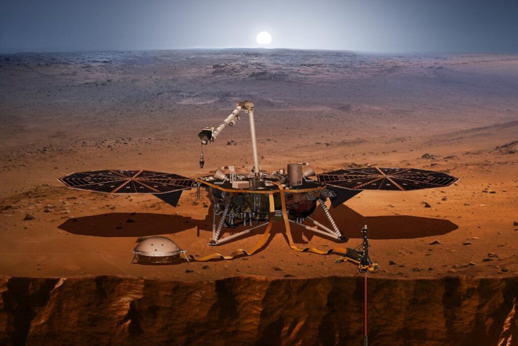 An artist's concept of NASA's InSight lander on Mars.