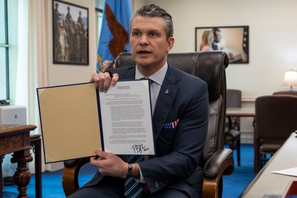 Defense Secretary Pete Hegseth in a photo released by the U.S. military on March 20, 2025.