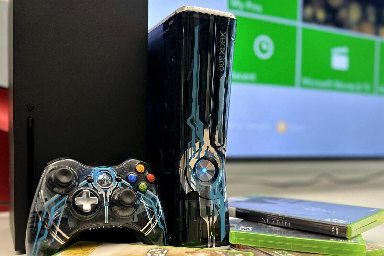 Xbox 360 Halo 4 version with controller and Xbox Series X