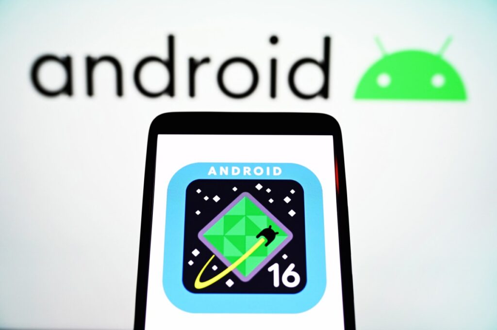 In this photo illustration, an Android 16 logo is seen on a smartphone screen