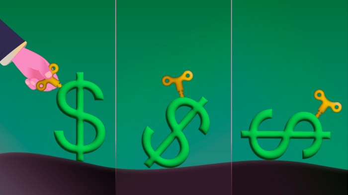 Illustration of a dollar symbol with a screw on it being turned. A second and third image show the dollar symbol falling on to its side