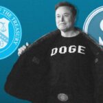 Musk in Doge t-shirt with US Treasury and Doge logos