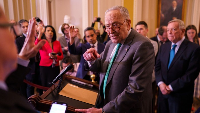 Chuck Schumer, Democratic Senate minority leader during a press conference at the US Capitol, Washington, on March 11 2025