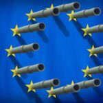 James Ferguson illustration of an armour-plated EU flag with gun barrels pointing out of the stars.