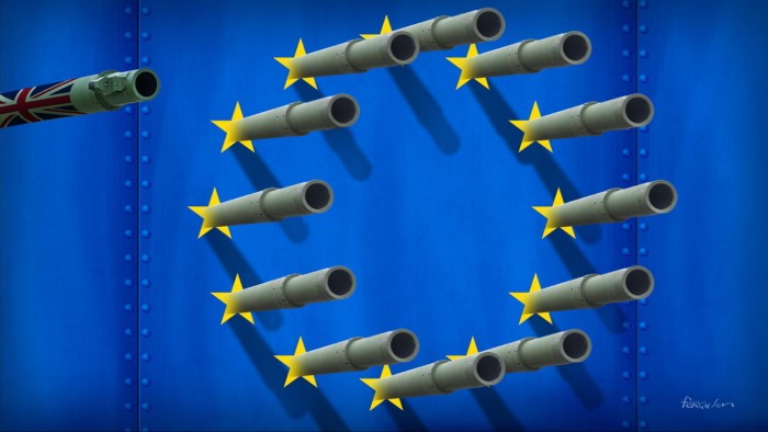 James Ferguson illustration of an armour-plated EU flag with gun barrels pointing out of the stars.