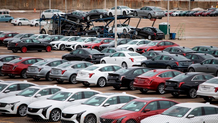 General Motors vehicles parked at the company’s Lansing Grand River Assembly plant in Lansing, Michigan