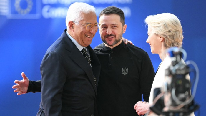 Antonio Costa and Ursula von der Leyen greet Volodymyr Zelenskyy