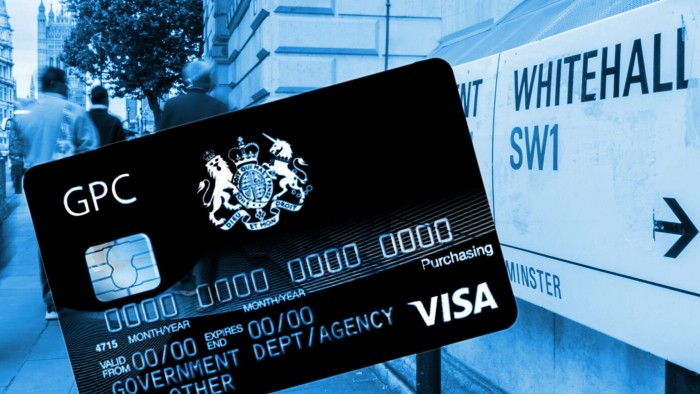 A government credit card superimposed onto a Whitehall sign