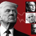 Montage of Donald Trump and his economics team with a line chart