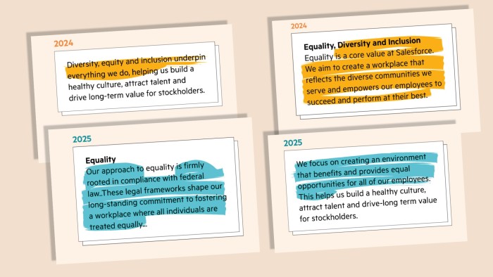 Four details of DEI statements from 2024 and their reworded 2025 versions as detailed in the article