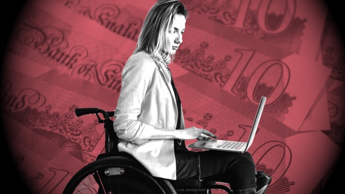 FT montage shows a woman in a wheelchair working on a laptop against a backdrop of pound notes