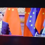 Xi Jinping, China’s president, left, and Ursula von der Leyen, president of the European Commission, on screen via video conference