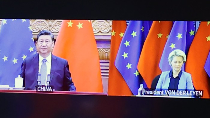 Xi Jinping, China’s president, left, and Ursula von der Leyen, president of the European Commission, on screen via video conference