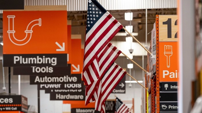 US flags are displayed inside a Home Depot store in Roseville, California