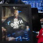 An assembly of US President Donald Trump paraphernalia on the floor of the New York Stock Exchange