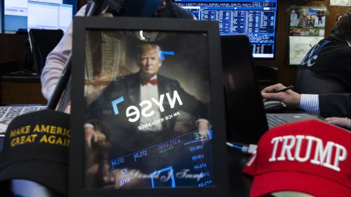 An assembly of US President Donald Trump paraphernalia on the floor of the New York Stock Exchange