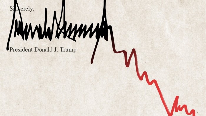 Illustration of Donald Trump’s signature  in black ink at the bottom of an executive order, cascading down as a red graph line