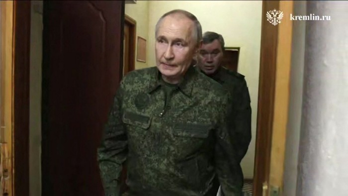 A grab from Kremlin-released footage showing President Vladimir Putin visiting a command post in the Kursk region on Wednesday