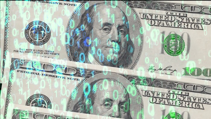 Usa one hundred dollar banknotes among the binary code background